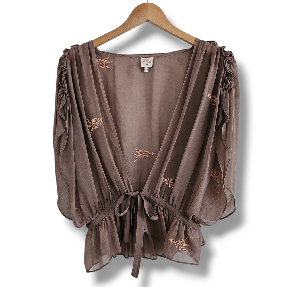Lauren Moffatt Silk Top XS Brown Gold Embroidered Tie Sheer Boho Chic Fairy FLAW